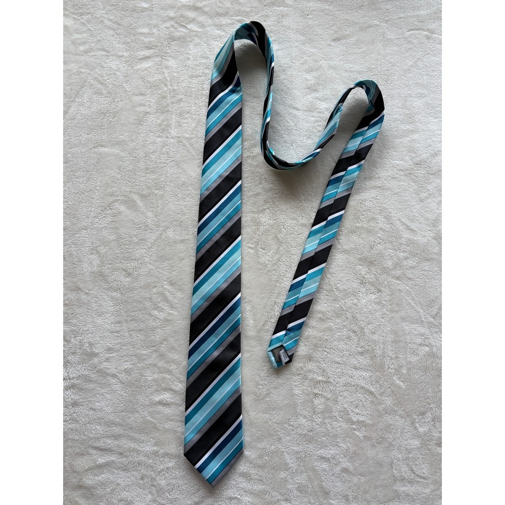 Christian Aujard Teal Black Striped Necktie Mens Long Excellent